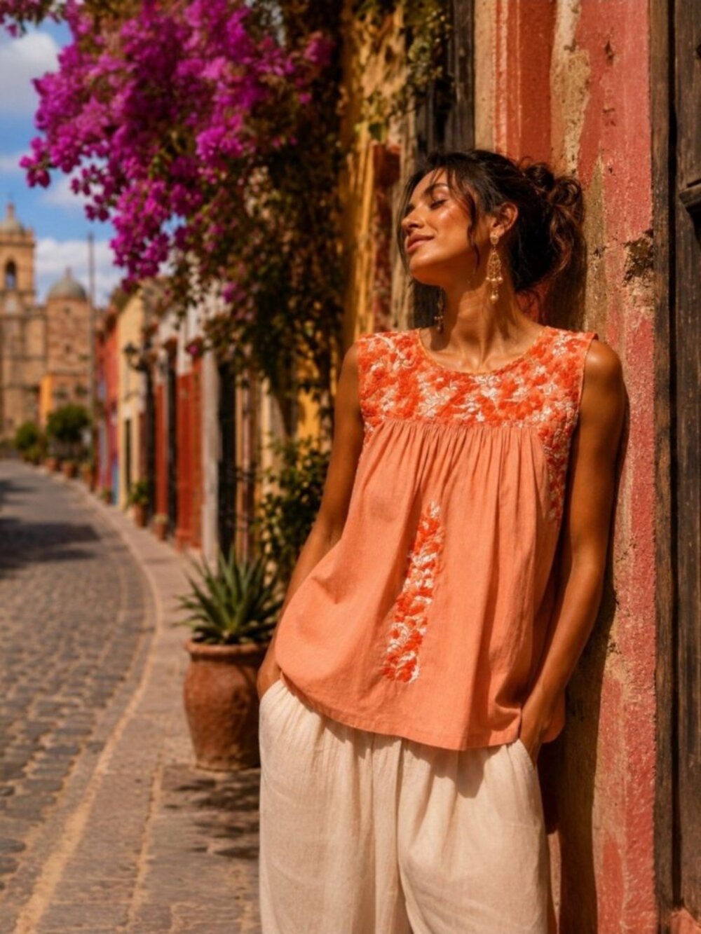 Mexico Peach Orange Embroidered Cotton Blouse Top Small Boho